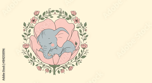 Adorable baby elephant sleeping peacefully curled up inside a soft pink flower, encircled by a delicate botanical wreath on a light background.