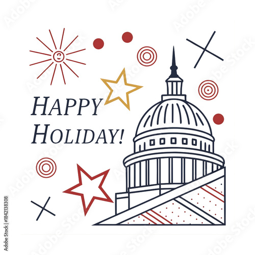 Happy Holiday United States Capitol Building Celebration with Fireworks, Stars and Stripes Patriotism