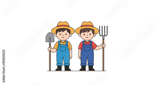 Two cheerful cartoon farmers in traditional overalls and straw hats, equipped with a shovel and a pitchfork, ready for agricultural work.