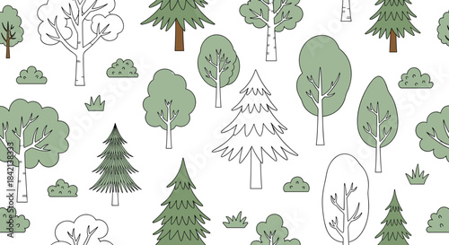 Seamless pattern featuring a delightful assortment of stylized green and white trees and shrubs on a clean background.