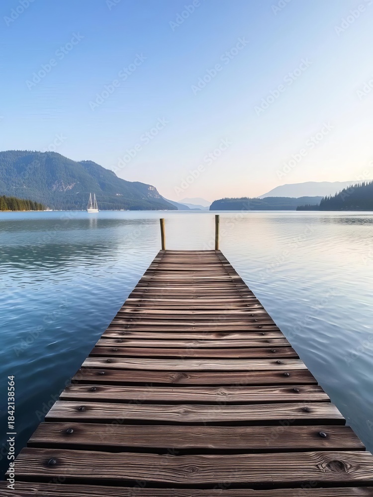 Naklejka premium Wooden dock extending into tranquil lake water, serene nature scene, peaceful, jetty