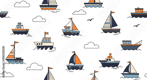 A cute seamless pattern featuring various cartoon boats and sailboats with clouds and birds in a whimsical ocean scene.