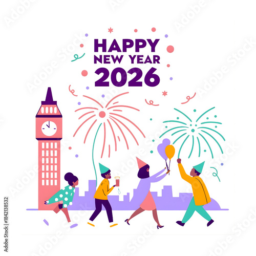 Happy New Year 2026 Celebration in London with Fireworks and Big Ben Clock Tower