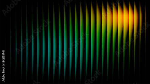 Wavy Reeded glass stripes background, luminous vertical lines on a dark gradient glow