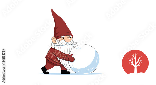A cheerful garden gnome in a cozy red sweater and pointed hat pushes a large snowball across a winter landscape, ready for festive fun.