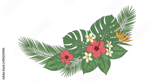 A beautiful tropical corner arrangement illustration featuring red hibiscus, white plumeria, bird of paradise, monstera, and palm leaves.