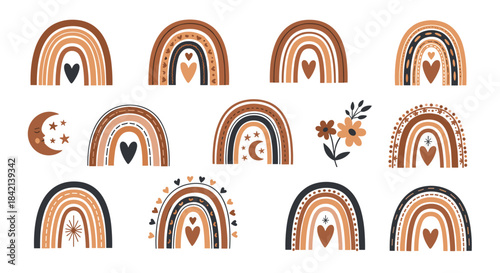 Cute boho rainbow collection with hearts, stars, and moons in earthy tones for nursery decor and children's designs.