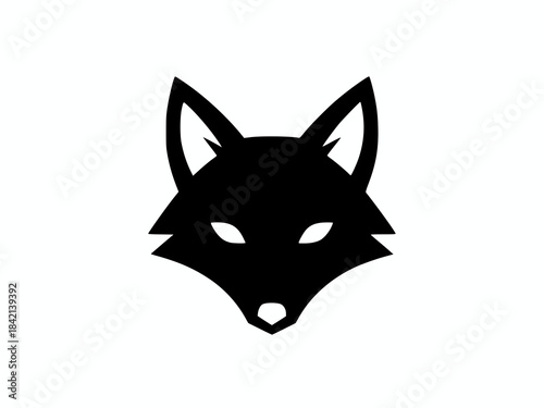 Minimalist black silhouette of a fox or wolf head with sharp features and white eyes, isolated on a clean white background.