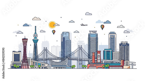 City Landmarks and Hot Air Balloons in a Vibrant Cityscape