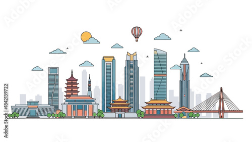 Urban Skyline Illustration, Modern Architecture, Cityscape, Digital Art, Daytime, Aerial View, Vibrant Colors