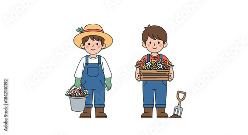 Two cheerful young gardeners, one holding a bucket of freshly picked flowers and the other a crate, ready for springtime planting activities.