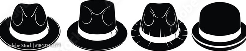 Four black fedora hats with white outlines and varying band details headwear fashion