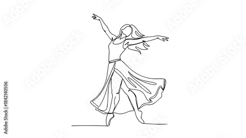 Elegant sketch of a young woman in a flowing dress dancing gracefully outline vector.