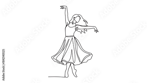 Elegant sketch of a young woman in a flowing dress dancing gracefully outline vector.