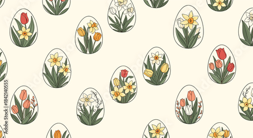 Seamless pattern with hand-drawn Easter eggs featuring colorful spring flowers like tulips and daffodils on a cream background.