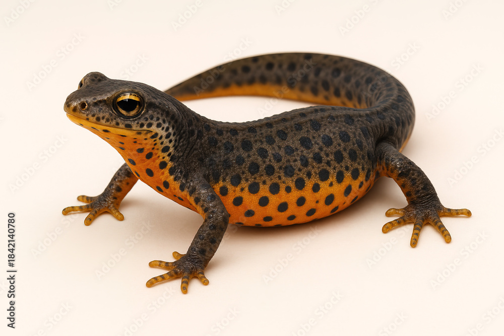 Fototapeta premium Northern Rough-Skinned Newt Posing on a Cream Background Under Bright Light.