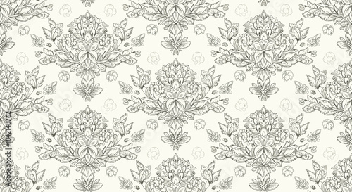 Elegant hand-drawn monochrome damask pattern on a light background, featuring intricate floral and leafy motifs with a vintage and ornate feel.