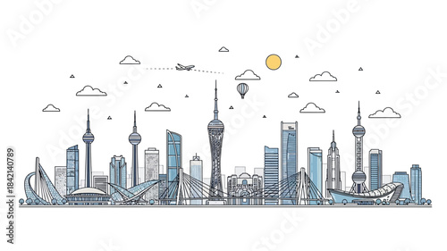 Urban Skyline Illustration, Cityscape Design, Modern Architecture, Travel Destination, Graphic Art, Aerial View, Contemporary Style