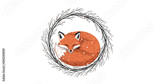 A charming illustration of a cozy sleeping fox, curled up within a rustic winter wreath of bare branches and delicate buds, evoking a peaceful natural scene.