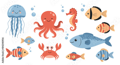 Adorable illustration of various happy marine life characters like fish, octopus, jellyfish, seahorse, and crabs, presented on a clean white background.
