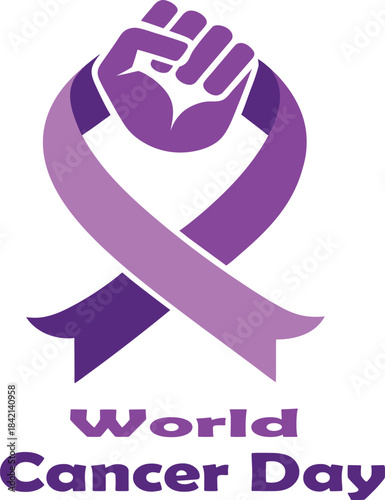 World cancer day awareness ribbon and fist graphic