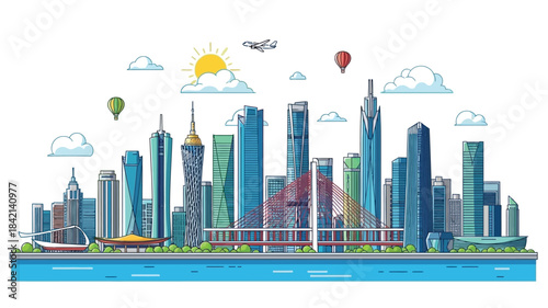 Vibrant vector illustration of a bustling modern city skyline featuring towering skyscrapers, a scenic waterfront, and active urban life under a clear sky