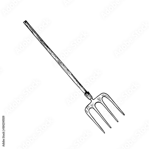 Garden pitchfork. Black and white vector illustration drawn by hand. Garden and farm pitchfork with wooden handle. Concept of an agricultural tool. Design element.