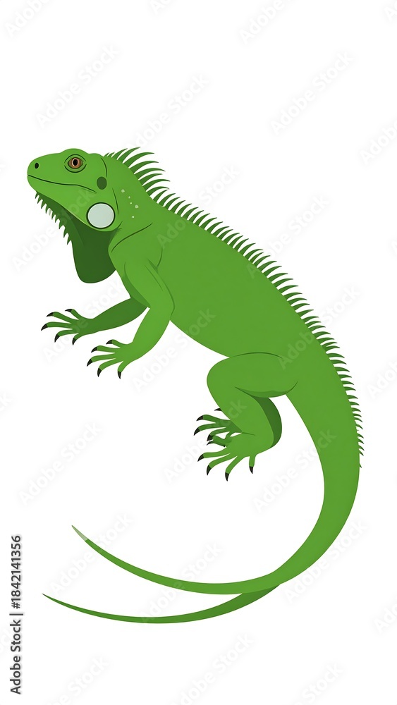 Obraz premium A vibrant, green-hued reptile illustration. Featuring detailed spines and a long, curved tail