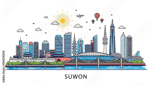 Vector outline illustration of Suwon, South Korea cityscape. Vibrant urban skyline with modern architecture, famous landmarks, and riverfront under sunny sky