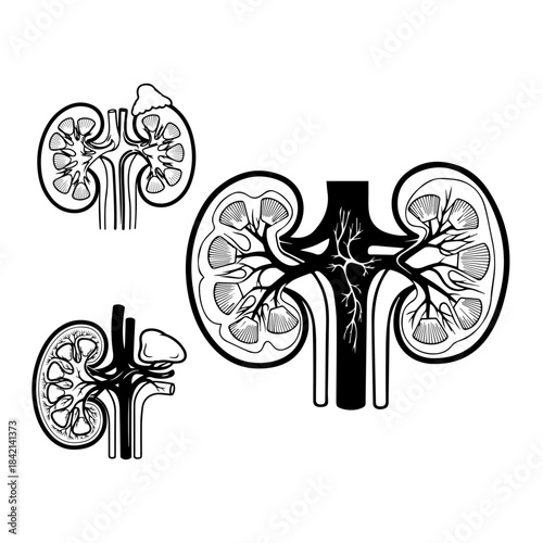 Human kidney model anatomical organ with renal artery and vein on transparent background for medical education and healthcare