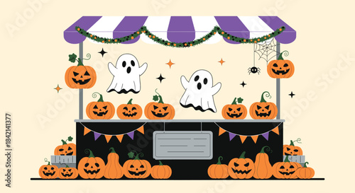 Whimsical Halloween market stall with a variety of pumpkins and two adorable ghosts floating above, set against a light background.