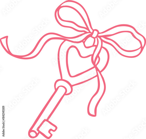 Key decorated ribbon bow line art, pink hand drawn vintage key heart shape holder, vector doodle romantic love symbol