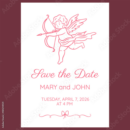 Cupid baby flies with crossbow on wedding invitation card line art fancy design, pink doodle angel archer with wings