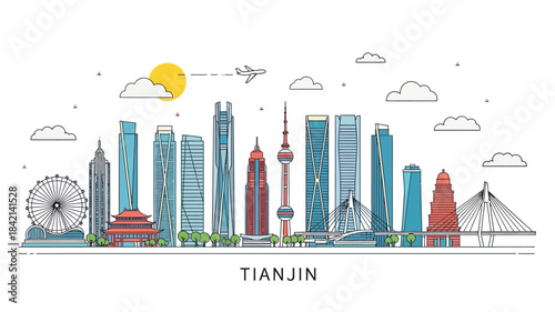 Vector illustration of the vibrant Tianjin city skyline, featuring modern architectural landmarks and urban structures, ideal for travel and city-themed designs and presentations