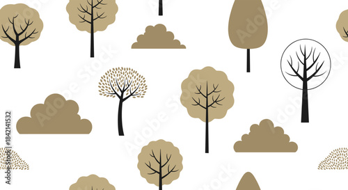 Seamless pattern with stylized brown and black trees and bushes on a white background, featuring a modern minimalist forest design.