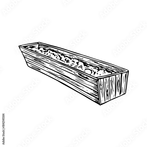 Wooden pig feeder with food. Black and white vector illustration drawn by hand. Farming, agricultural techniques, livestock care, and pigsty. Element of design, banners, flyers, posters, and more.
