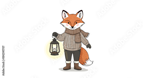 A charming cartoon fox wearing a warm sweater, scarf, and boots, holding a glowing vintage lantern, ready for a winter adventure.