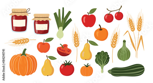 A beautiful and vibrant array of healthy autumn harvest produce, including fresh fruits, colorful vegetables, golden grains, and delicious homemade jams.