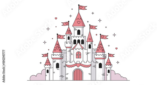 Adorable fairytale castle illustration with pink roofs, heart flags, and sparkling elements, embodying a whimsical and romantic dreamland.