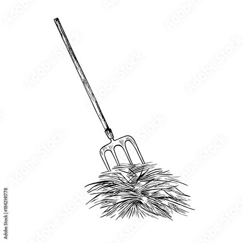 A bundle of hay with a pitchfork. Black and white vector illustration drawn by hand. Hay harvesting. Animal feed. For farm projects, packaging, labels, and more.