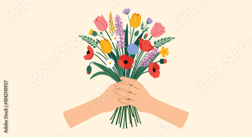 Two hands tenderly hold a fresh and vibrant bouquet of colorful spring flowers, symbolizing love, gratitude, and the beauty of nature.
