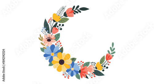 Decorative floral crescent moon arrangement featuring a variety of colorful blossoms and lush greenery, perfect for nature-themed designs.