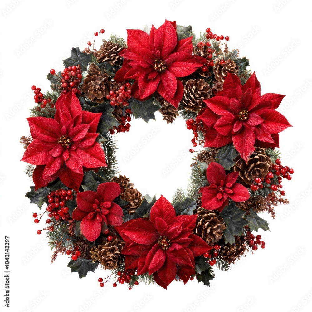 Fototapeta premium Festive wreath with red poinsettias.