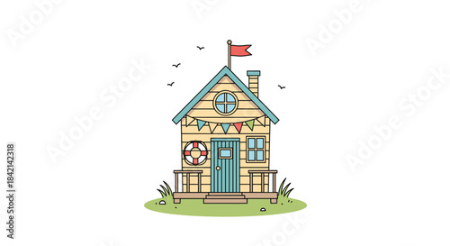 A charming, hand-drawn style illustration of a colorful beach hut, complete with a lifebuoy, festive bunting, and a red flag on its roof.