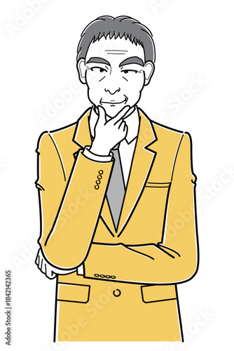 顎に手をあててニヤニヤしているスーツの中年男性（シンプル・上半身）