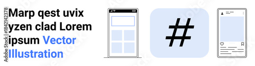 Mobile interfaces showcasing layout designs alongside a bold metadata tag icon. Ideal for social media, content creation, marketing, communication, branding, UX design, simple landing page