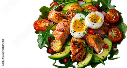 The concept of a ketogenic low-carb diet. Healthy eating and dieting with salmon, avocado, eggs and nuts. View from above High quality photo