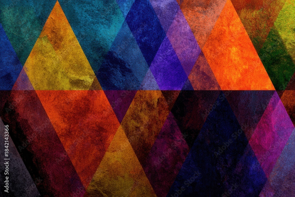 Fototapeta premium Colorful geometric pattern featuring vibrant triangles on a textured background, ideal for modern design projects and digital artwork