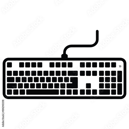 Black silhouette of a modern computer keyboard with a wire, featuring full layout of keys and a clear, functional design, ideal for technology and office concepts