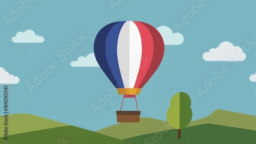 Hot Air Balloon Rising Over Green Hills on Clear Day